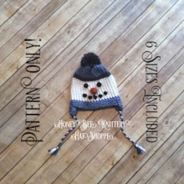 Snowman Hat PATTERN ONLY - 6 sizes included; blue, tweed, carrot nose, frosty, cold, frozen, frigid, snow man, boy, loom knit, crochet