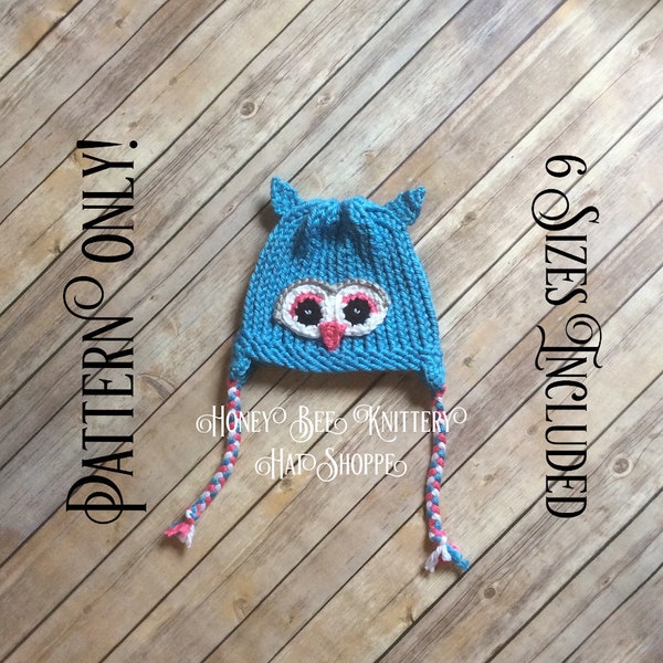 Blue Owl Hat PATTERN ONLY - 6 sizes included; blue, pink, white, grey, gray, hoot, animal, loom knit, crochet