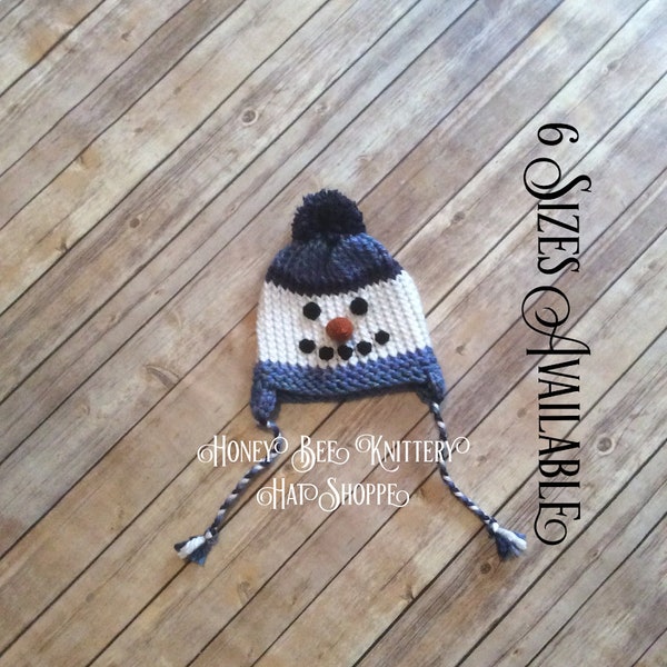 Snowman Hat - 6 sizes available, READY TO SHIP; blue, tweed, carrot nose, frosty, cold, frozen, snow man, boy, snowmobile, ski, HBKHats