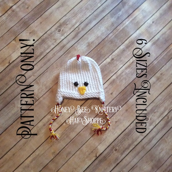 Hen Hat PATTERN ONLY - 6 sizes included; chicken, rooster, farm, animal, white, coop, peep, Easter, loom knit, crochet