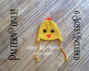 Chick Hat PATTERN ONLY - 6 sizes included; animal, chicken, hen, rooster, farm, coop, Easter, fluffy, peep, baby chick, loom knit, crochet