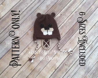 Beaver Hat PATTERN ONLY - 6 sizes included; animal, beaver dam, big teeth, buck teeth, chewy, chewing, tail, beaver tail, loom knit, crochet