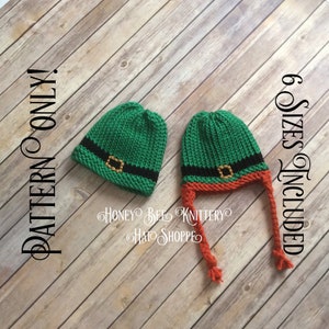 May include: Two green knit hats with black and gold trim. One hat has orange tassels. The hats are on a wood background. The text "PATTERN ONLY!" is on the left side of the image and "6 SIZES INCLUDED" is on the right side of the image.