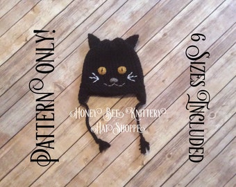 Black Cat Hat PATTERN ONLY - 6 sizes included; Halloween, meow, superstitious, superstition, witch, animal, loom knit, crochet