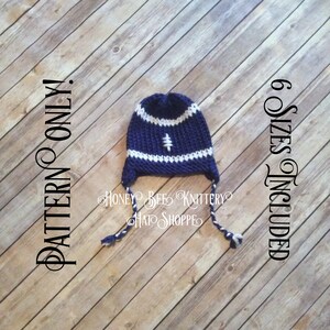 May include: A blue and white knitted hat with a white tree design. The hat has two long ties. The text "PATTERN ONLY!" is on the left side of the image and "6 SIZES INCLUDED" is on the right side of the image.