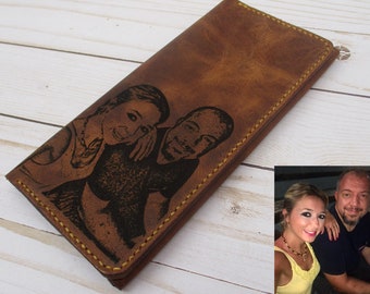 Photo Engraved Long Wallet With Plus Size Phone Pocket, Brown, Camel, Burgundy, Grey, Anniversary Gift, Birthday Gift, Fathers Day Gift