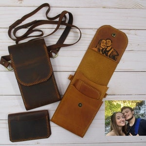 iPhone Bag With Minimalist Card Holder, Photo Engraved Cross Body bag,  Handmade Leather Unisex Gift Set, Genuine Leather Christmas Gift Set