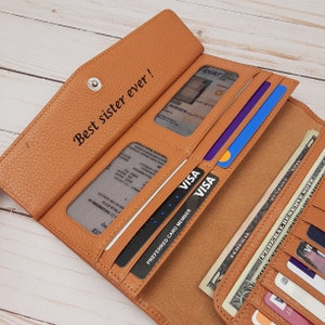 Billetera de mujer de cuero genuino de color mostaza en una caja de regalo, regalo de aniversario para ella, regalo de Navidad y cumpleaños, billetera larga para ella