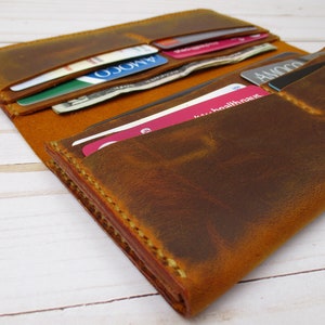 Cartera de cuero larga cosida a mano con bolsillo para teléfono de gran tamaño para hombres y mujeres, cuero suave grueso y resistente, regalo de aniversario y Navidad