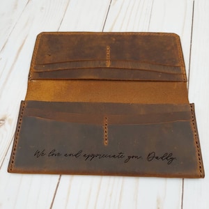 Your Handwriting on Long Wallet with Plus Size Phone Pocket, Hand Stitched Heavy Duty Soft Leather, Anniversary Gift, Valentine's Day Gift
