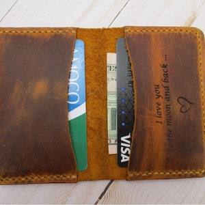 Cartera de tarjeta de cuero genuino de alta resistencia, cartera de cuero minimalista, cartera plegable cosida a mano, regalo de aniversario y Navidad, regalo para papá