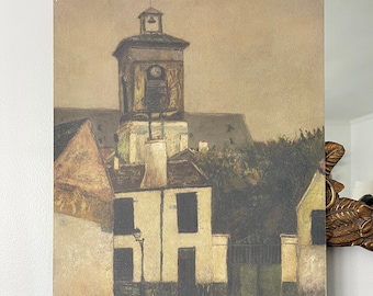 reproduction de peinture à l'huile vintage imprimée à bord | Art de paysage de Paris, France | Inspiré de l'église Sainte-Marguerite de Maurice Utrillo