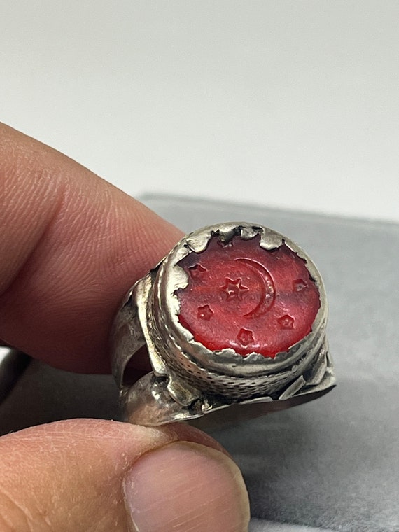 Antique Silver Ring Agate Red with the moon and s… - image 7