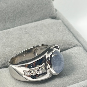 Genuine Star Sapphire and Diamond solid 14k white gold men’s ring