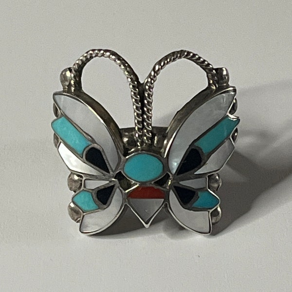 Rosita Wallace vintage Zuni sterling silver Butterfly Ring Turquoise Inlay