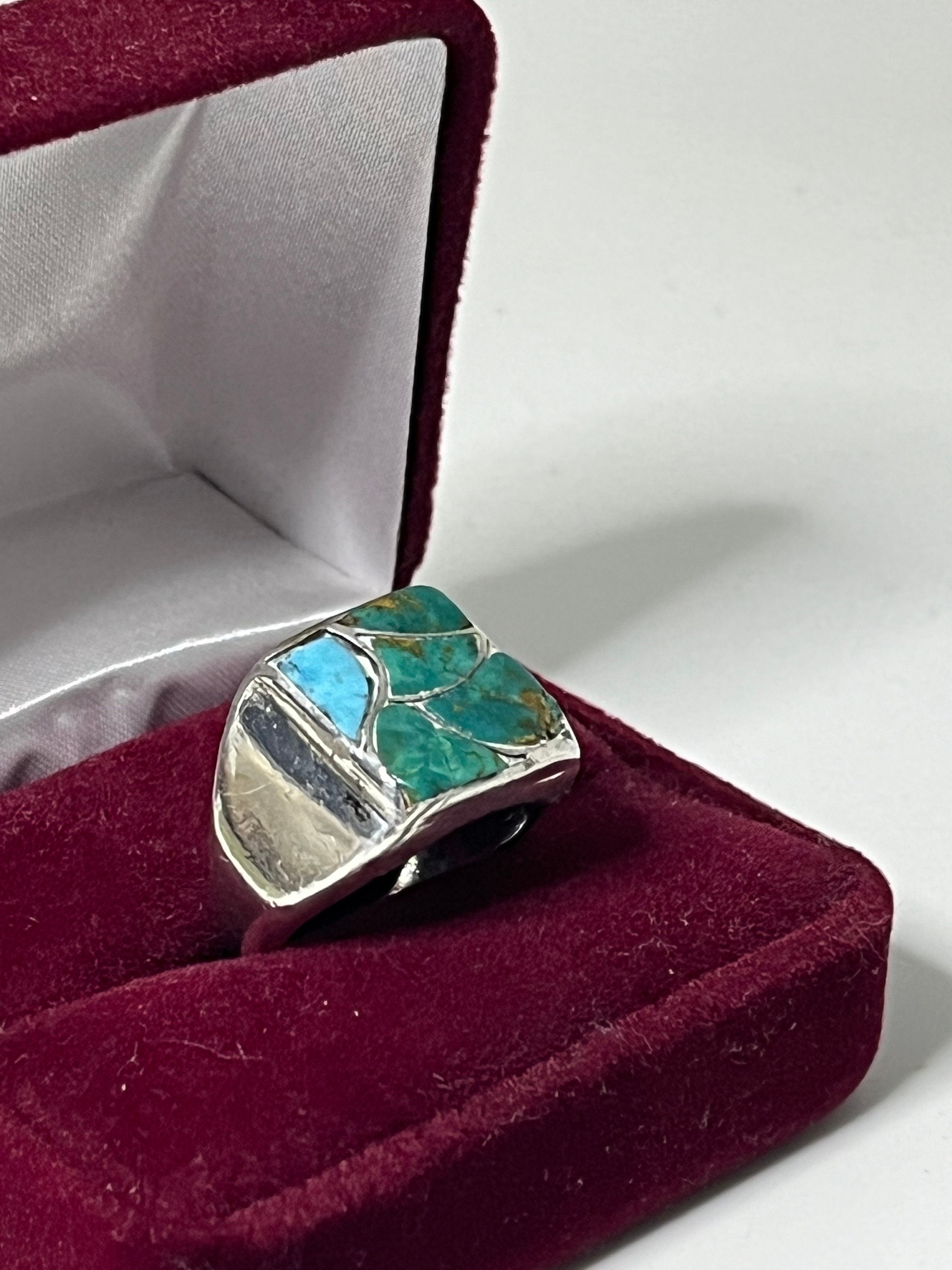 Southwestern Inlay Turquoise Sterling Silver Mens Ring Size 9.25
