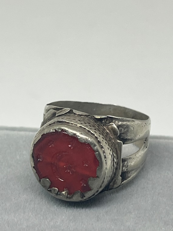 Antique Silver Ring Agate Red with the moon and s… - image 1
