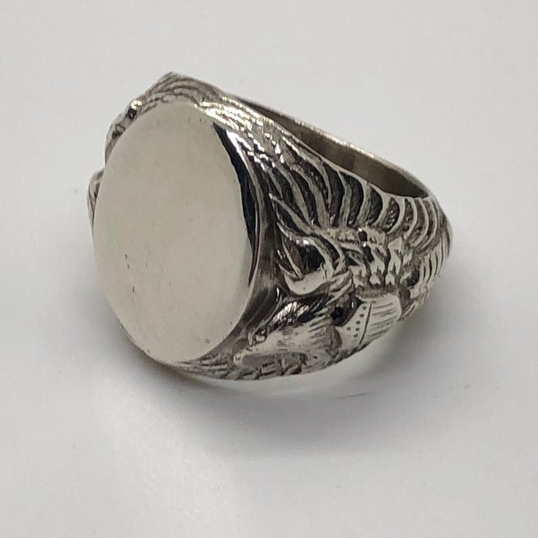 Antique Designer Men's heavy Chunky sterling silver Eagle shield flat ring