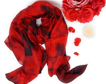 100% Red & Black Marble Silk Scarf