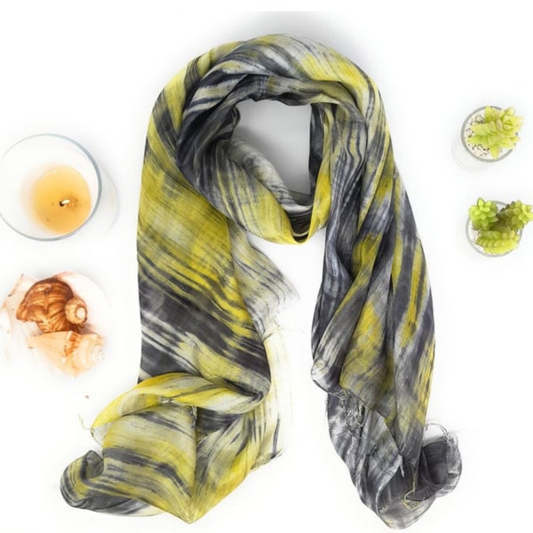 100% Silk Grey and Yellow   Silk Scarf