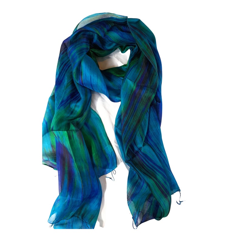 100% Silk Scarf Blue & Green Hand painted silk image 3