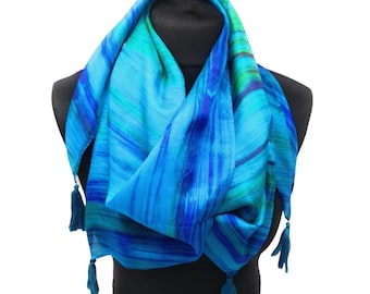 100% Blue Green Silk Scarf Square Tassel Scarf Blue and Green Mix
