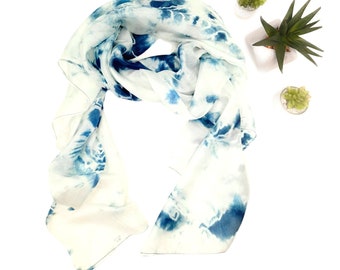 100% Light Blue & White Marble Silk Scarf