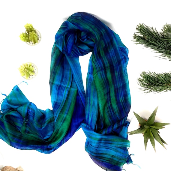 100 Silk Scarf Blue Green Hand Painted Silk Etsy