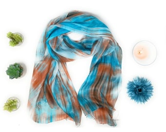 100% Silk Scarf -  Blue and Copper