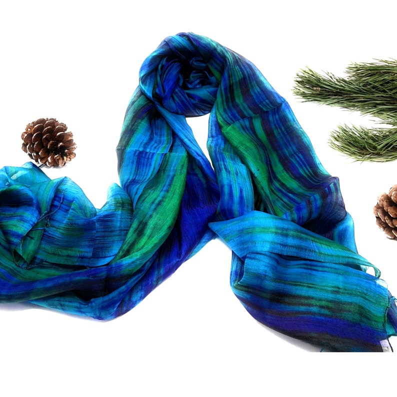 100% Silk Scarf Blue & Green Hand painted silk image 2