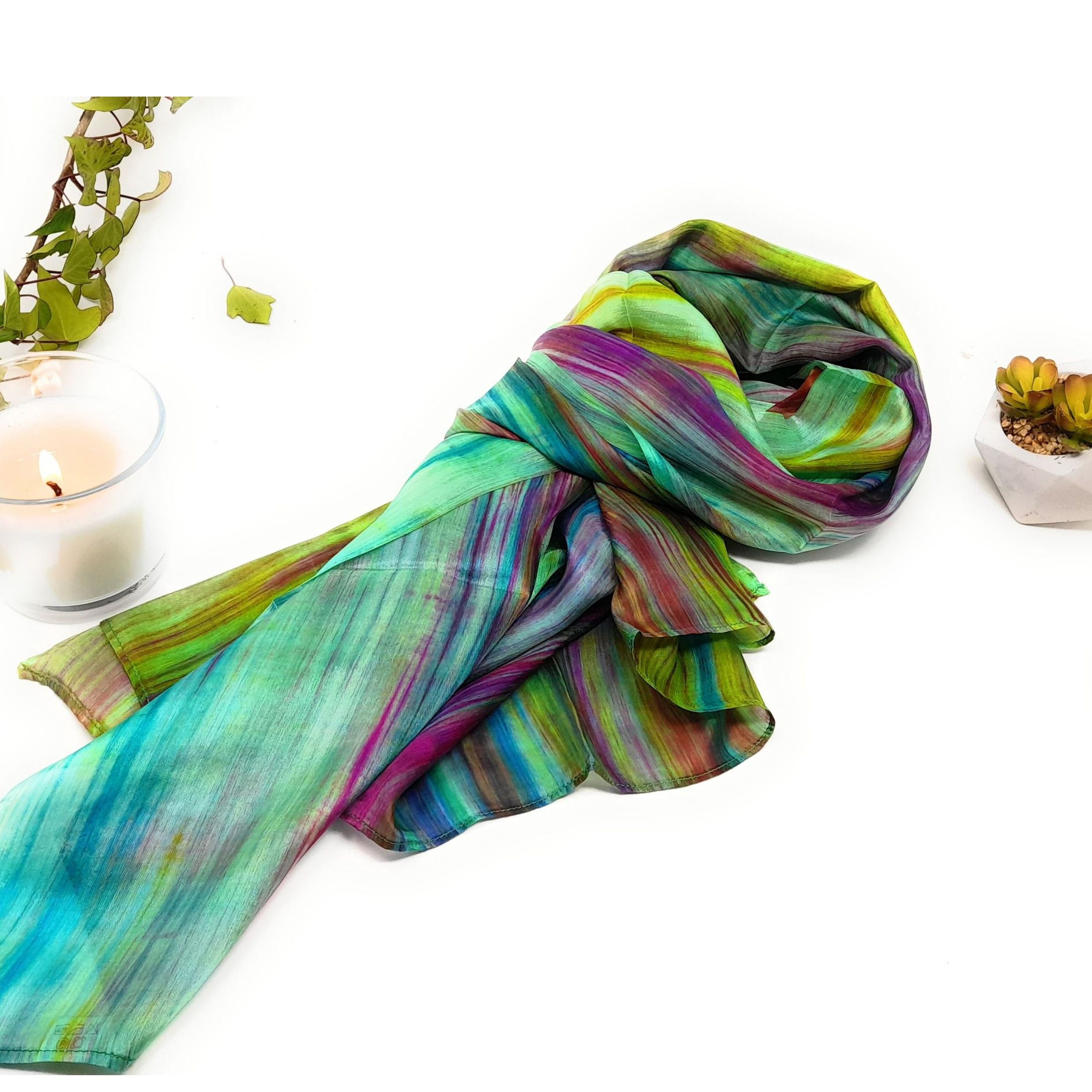 100 Silk Scarf Green Multicoloured Large Silk Scarf Etsy UK