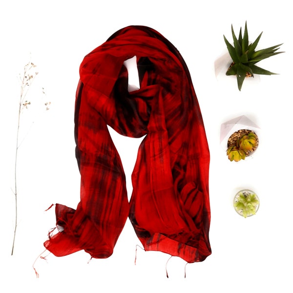 100% Silk Scarf - Hand painted in Red and Black