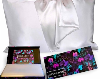 Satin Kissenbezug Silber mit Geschenk Box - Vegan freundlich - Queen Size - Reißverschluss