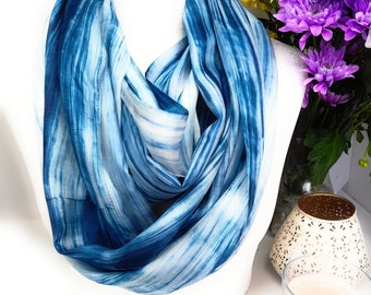 100% Silk Scarf Snood  - Blue and White Hand Painted Silk Infinity Scarf