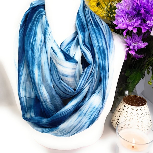100% Silk Scarf Snood  - Blue and White Hand Painted Silk Infinity Scarf