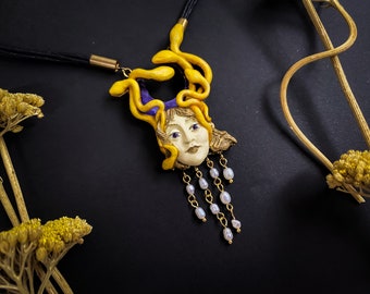 Handcrafted Art nouveau Necklace “Mythical Medusa” made with Polyurethane and River Pearls