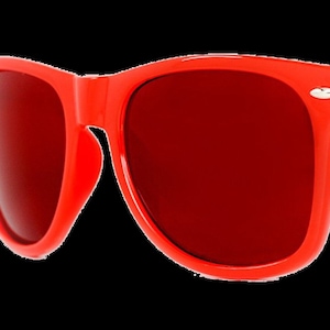 Könnte beinhalten: Rote Plastik-Sonnenbrille im klassischen Aviator-Stil.