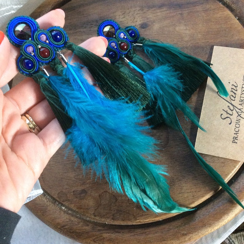 artist gift forest green fringe earrings with purple crystal statement jewelry for bold women long peacock feather earrings with tassel