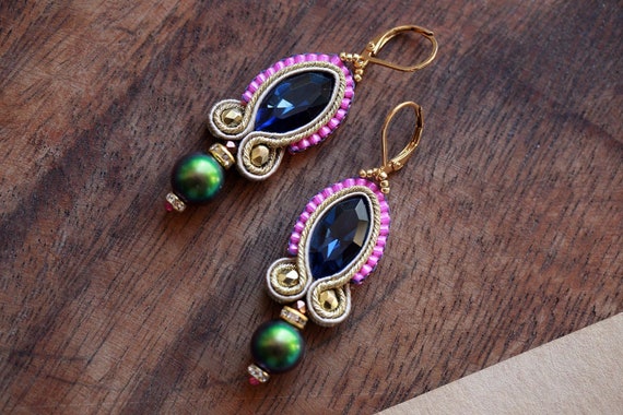 Pink blue earrings Long soutache earrings Beige earrings Christmas earrings Unique gift for her Light blue earrings Light dangling earrings