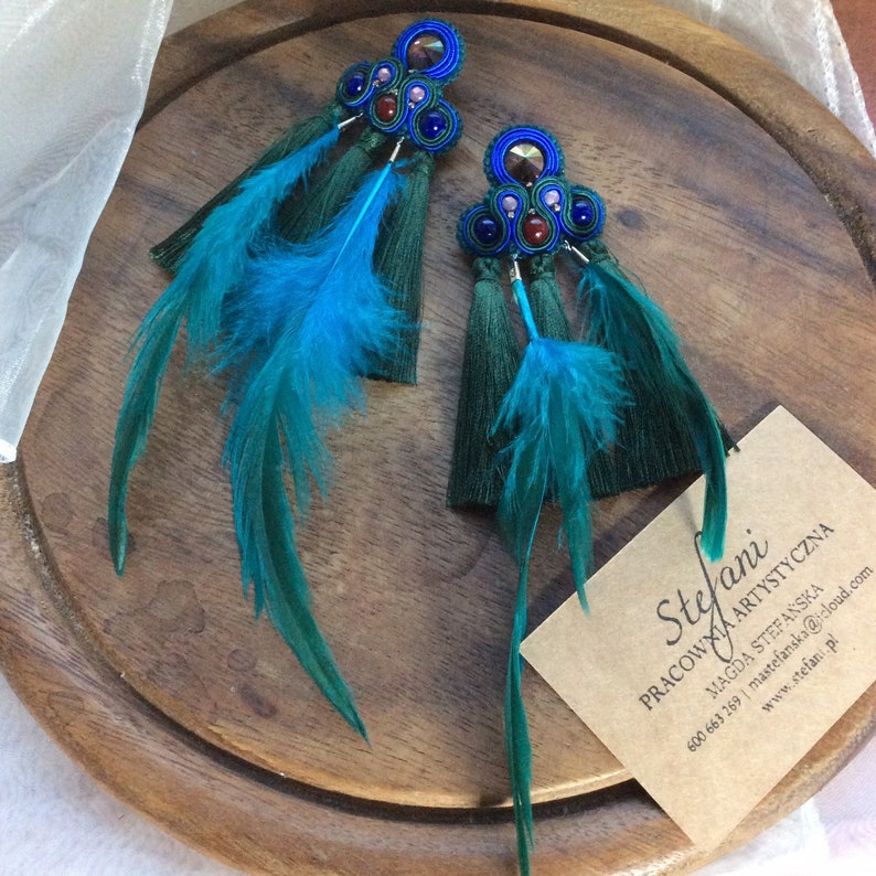 artist gift forest green fringe earrings with purple crystal statement jewelry for bold women long peacock feather earrings with tassel