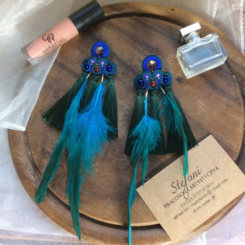 artist gift forest green fringe earrings with purple crystal statement jewelry for bold women long peacock feather earrings with tassel