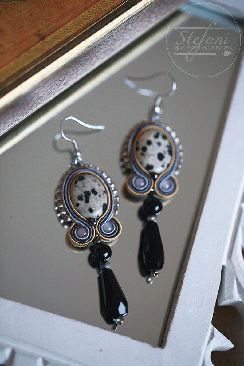 bohemian soutache earrings with leopard jasper stone long black drop earrings gray boho jewelry wrapped gift