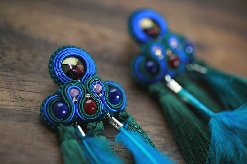 artist gift forest green fringe earrings with purple crystal statement jewelry for bold women long peacock feather earrings with tassel