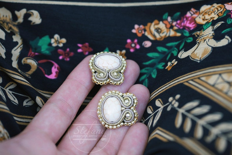 basic stud earrings with howlite stone everyday white soutache earrings small bridal earrings unique jewelry for bridesmaid