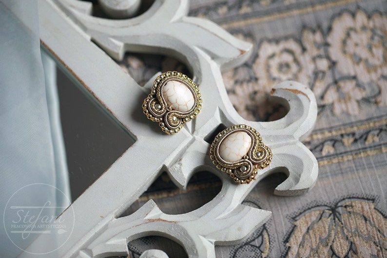 basic stud earrings with howlite stone everyday white soutache earrings small bridal earrings unique jewelry for bridesmaid