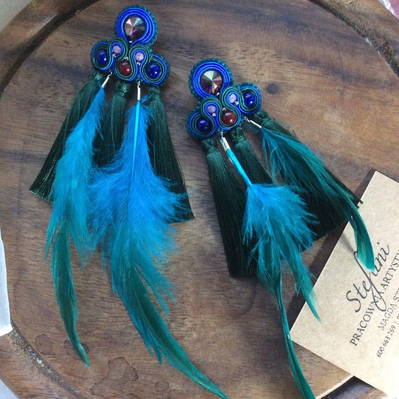 artist gift forest green fringe earrings with purple crystal statement jewelry for bold women long peacock feather earrings with tassel