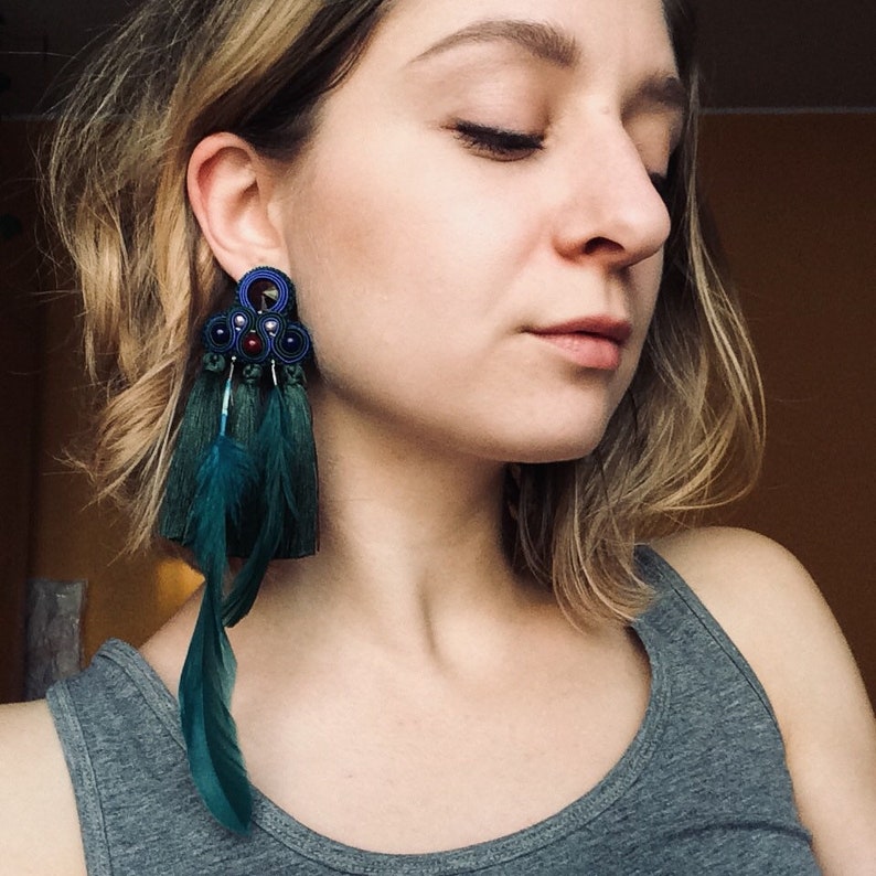 artist gift forest green fringe earrings with purple crystal statement jewelry for bold women long peacock feather earrings with tassel