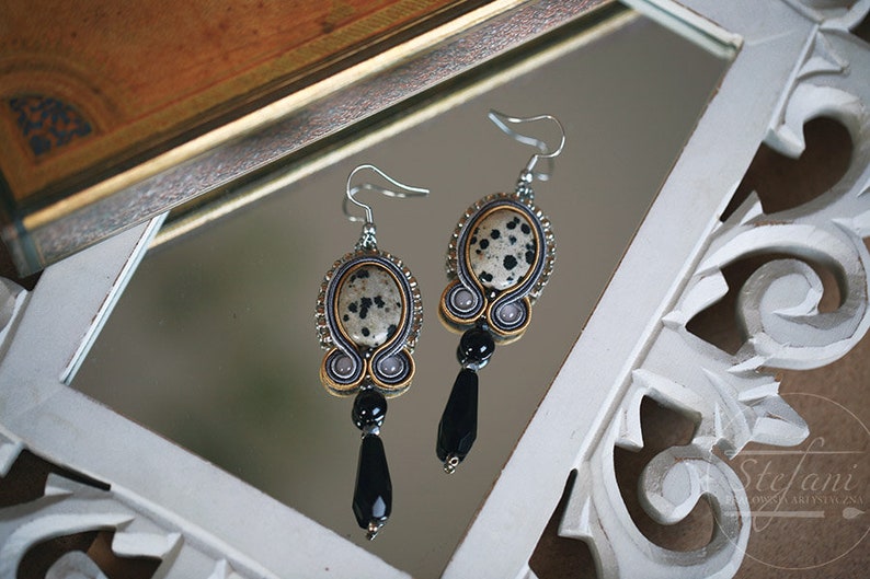 bohemian soutache earrings with leopard jasper stone long black drop earrings gray boho jewelry wrapped gift