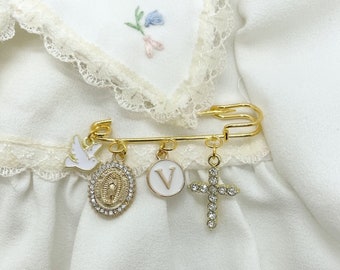 Personalized Catholic Baptism Pin: Gold Safety Pin Brooch, Baby Keepsake