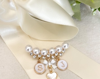 Personalized Wedding Brooch: Initial Charms, Pearl Heart, Diamante Pin